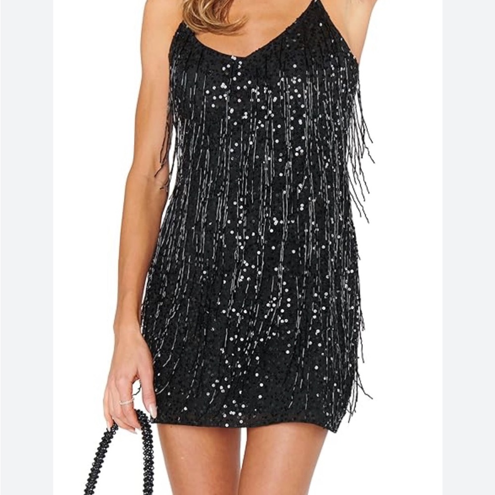 Jaqueline Ferrel Black Sequin Fringe Dress